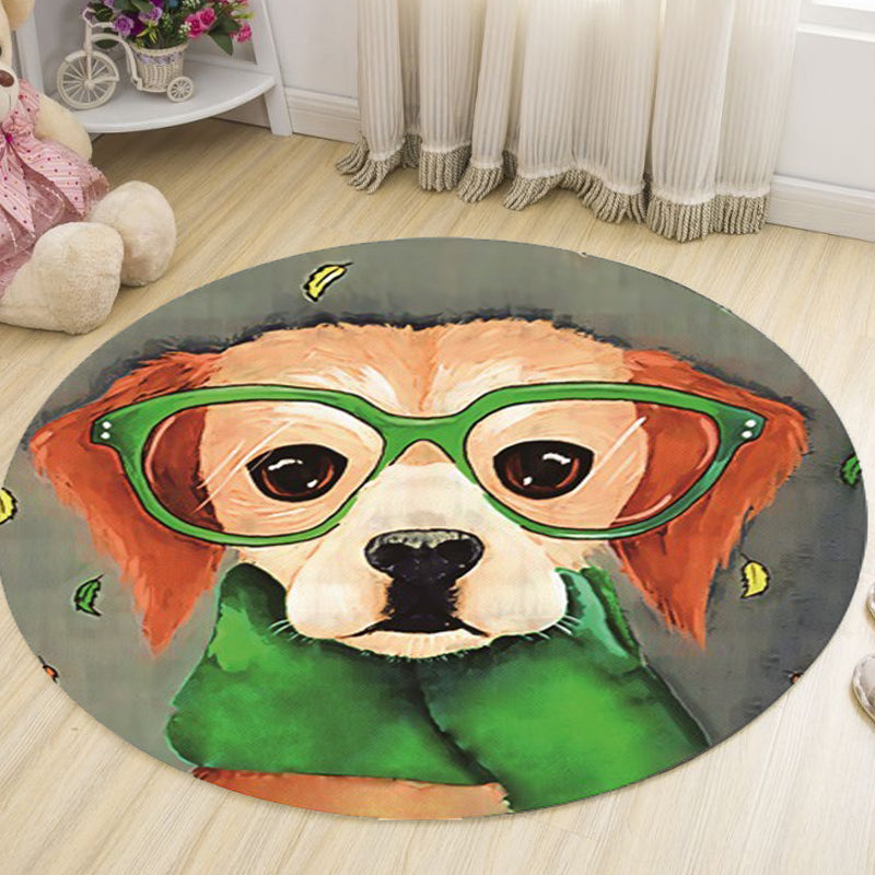BowLift | Gray and Green Children's Room Carpet Kids Animal Dog Glasses Pattern Area Rug Polyester Non-Slip Machine Washable Rug