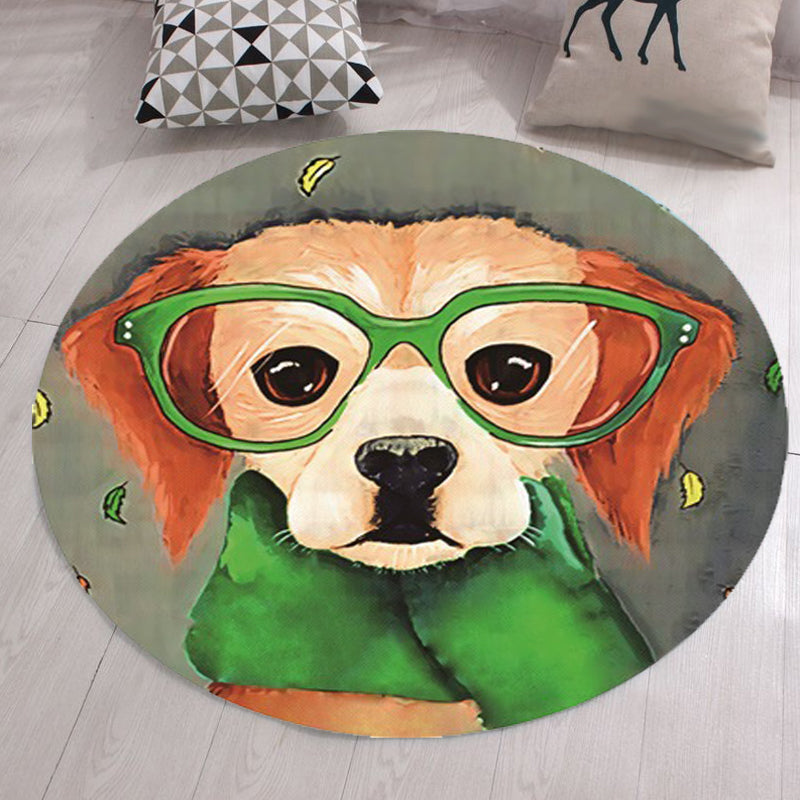 BowLift | Gray and Green Children's Room Carpet Kids Animal Dog Glasses Pattern Area Rug Polyester Non-Slip Machine Washable Rug