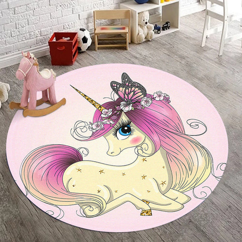 BowLift | Kids Bedroom Rug in Pink Animal Unicorn Butterfly Floral Print Rug Polyester Non-Slip Back Rug
