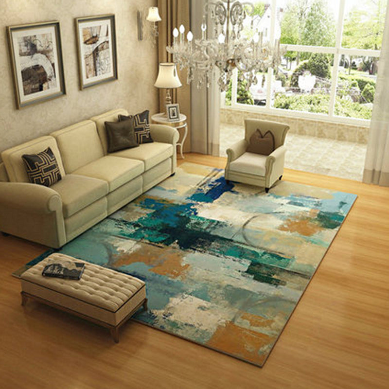 Blue and Brown Bedroom Rug Modern Abstract Painting Pattern Rug Polyester Washable Rug | Bowlift