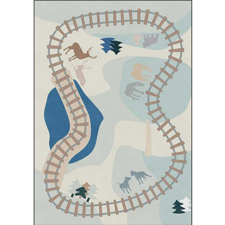 BowLift | Casual Kids Carpet in Blue Cars & Roads Deer Horse Tree Pattern Carpet Polyester Anti-Slip Back Carpet for the Children's Room