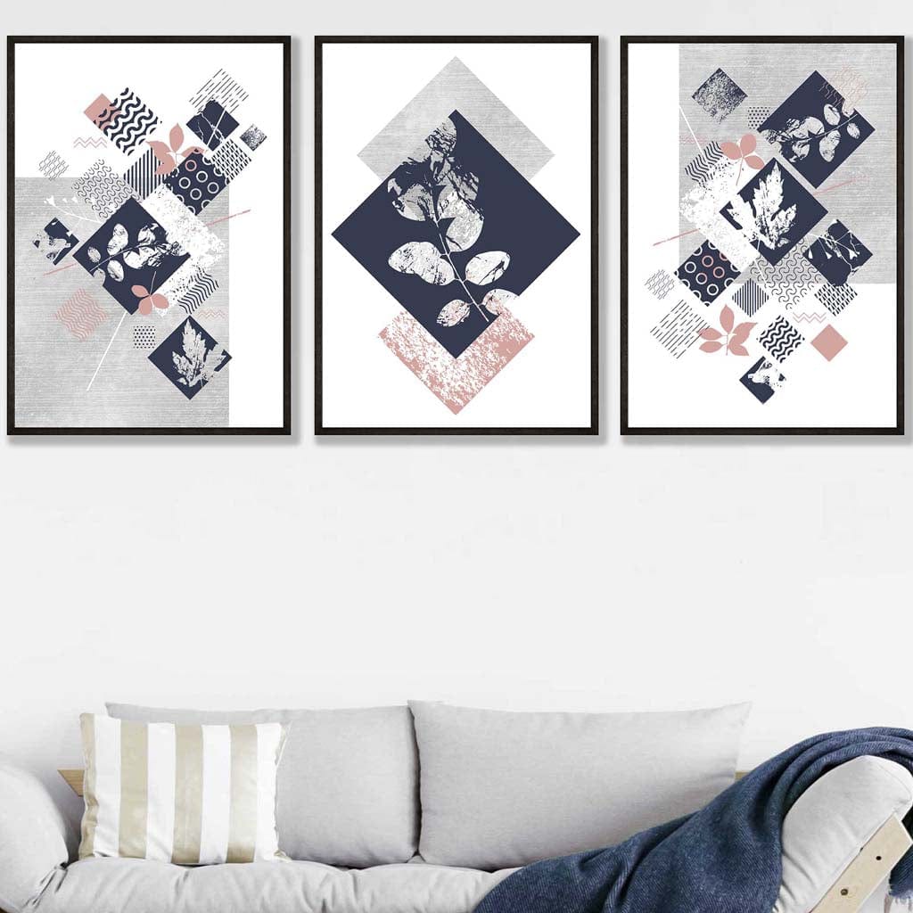 BOTANICAL Set of 3 abstract geometric navy blue and pink floral prints | Bowlift