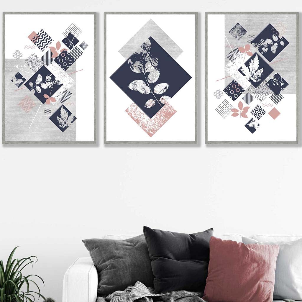 BOTANICAL Set of 3 abstract geometric navy blue and pink floral prints | Bowlift