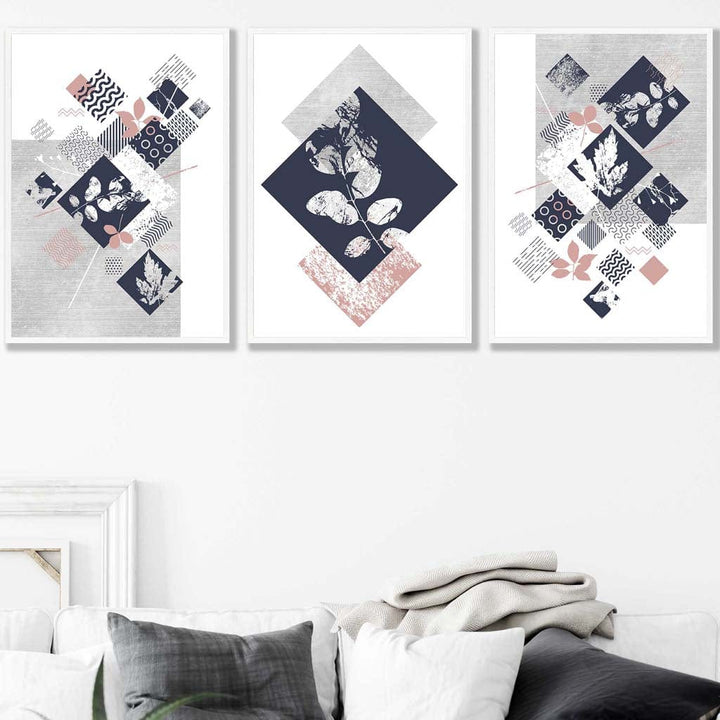 BOTANICAL Set of 3 abstract geometric navy blue and pink floral prints | Bowlift