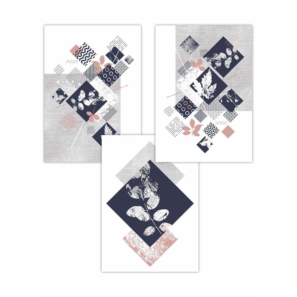 BOTANICAL Set of 3 abstract geometric navy blue and pink floral prints | Bowlift