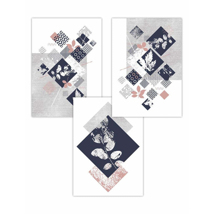 BOTANICAL Set of 3 abstract geometric navy blue and pink floral prints | Bowlift