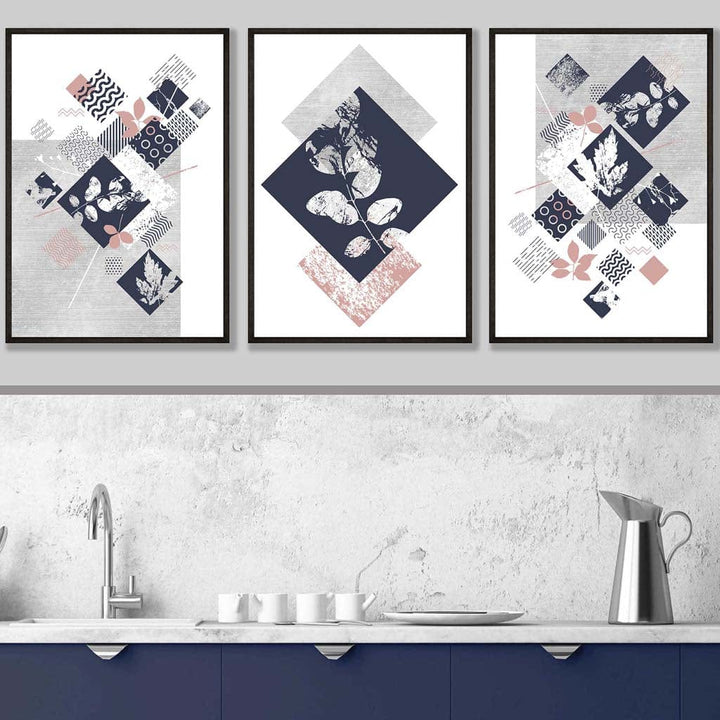BOTANICAL Set of 3 abstract geometric navy blue and pink floral prints | Bowlift