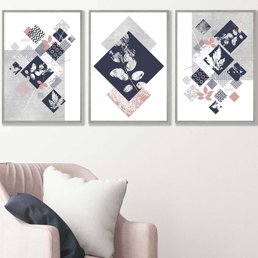 BOTANICAL Set of 3 abstract geometric navy blue and pink floral prints | Bowlift