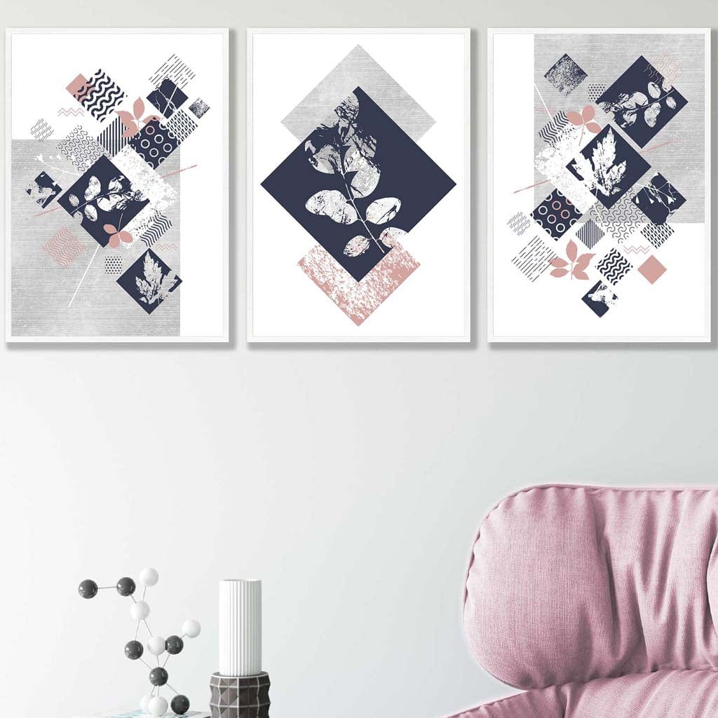 BOTANICAL Set of 3 abstract geometric navy blue and pink floral prints | Bowlift