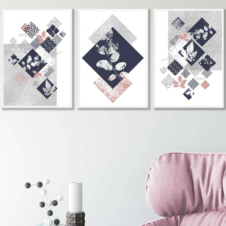 BOTANICAL Set of 3 abstract geometric navy blue and pink floral prints | Bowlift