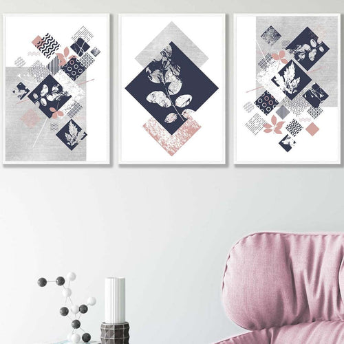 BOTANICAL Set of 3 abstract geometric navy blue and pink floral prints | Bowlift