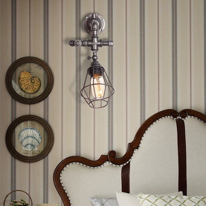 BowLift | Diamond Cage Iron Wall Mount Light with Pipe Design Industrial Style 1 Bulb Bedroom Wall Lighting in Antique Brass/Silver
