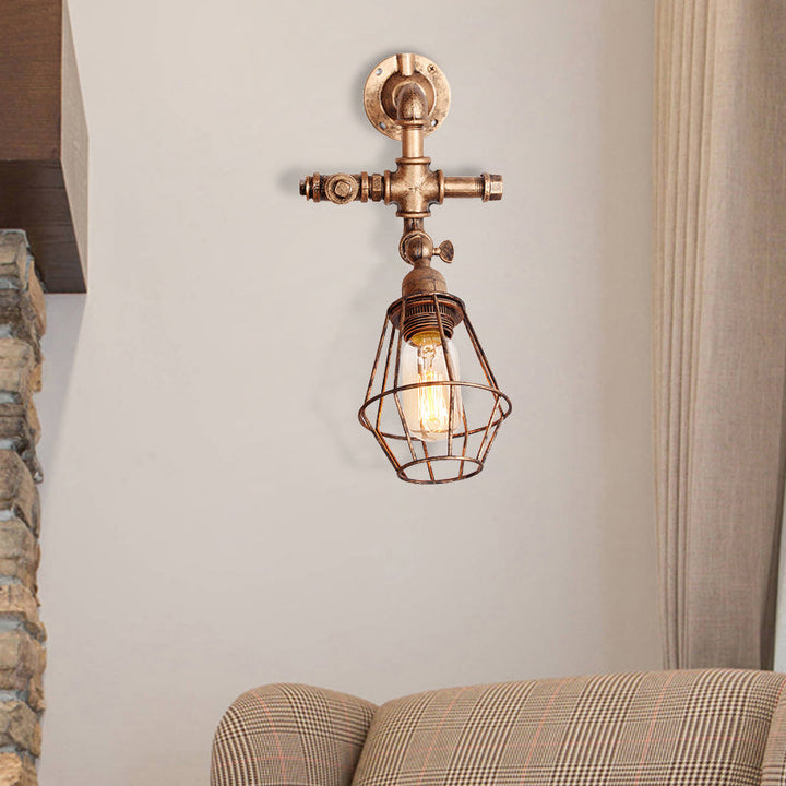 BowLift | Diamond Cage Iron Wall Mount Light with Pipe Design Industrial Style 1 Bulb Bedroom Wall Lighting in Antique Brass/Silver
