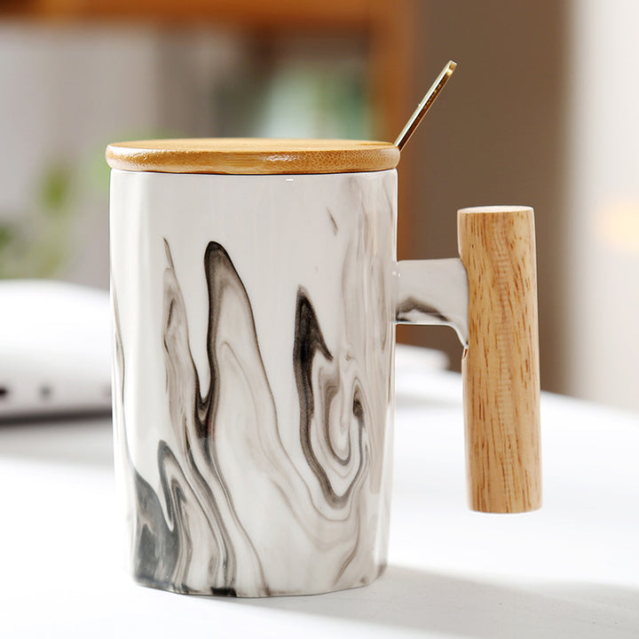 Ergonomic ceramic mug with solid wooden handle bamboo lid and metal spoon in gift box Bowlift