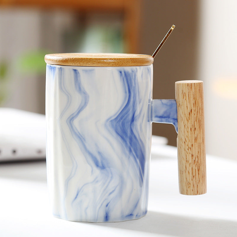Ergonomic ceramic mug with solid wooden handle bamboo lid and metal spoon in gift box Bowlift