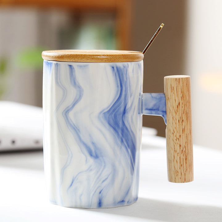 Ergonomic ceramic mug with solid wooden handle bamboo lid and metal spoon in gift box Bowlift