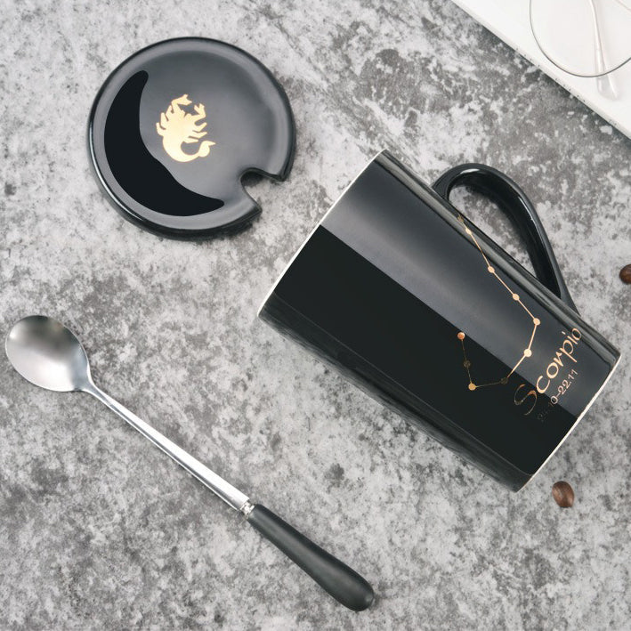 BowLift | 12 Zodiac Signs Black Ceramic Mug with Lid Spoon