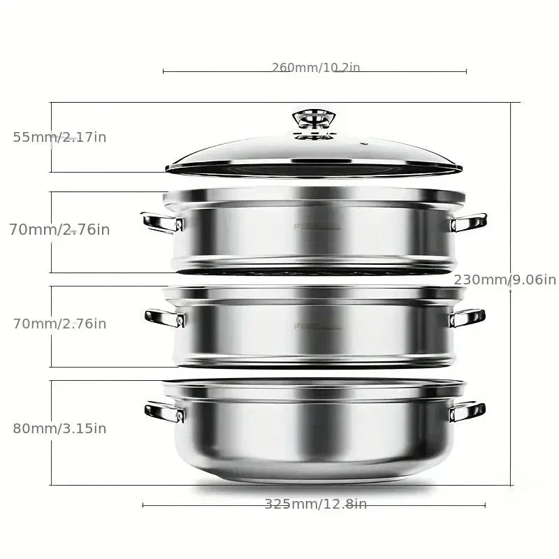 BowLift | Stainless Steel 3-Tier Steamer with Handles & Glass Lid – Healthy, Efficient Cooking
