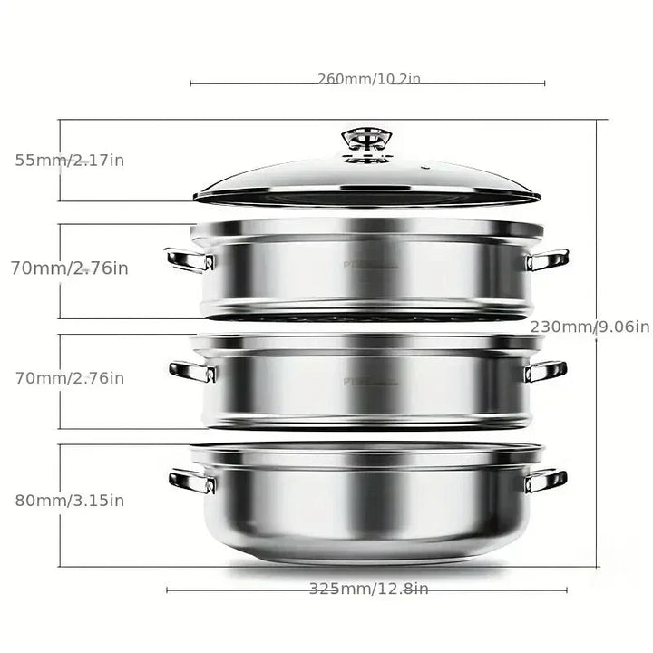 BowLift | Stainless Steel 3-Tier Steamer with Handles & Glass Lid – Healthy, Efficient Cooking