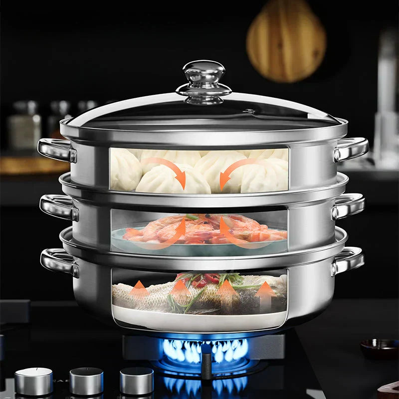 BowLift | Stainless Steel 3-Tier Steamer with Handles & Glass Lid – Healthy, Efficient Cooking