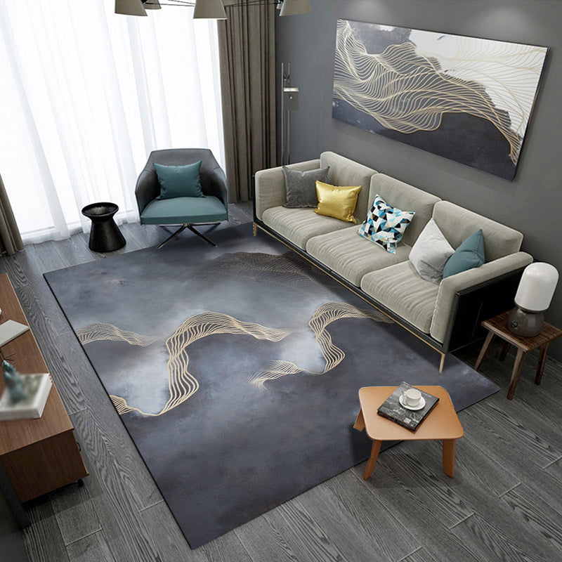 Modern living room rug in black and green with abstract twisted line pattern rug polyester pet-friendly area rug | Bowlift