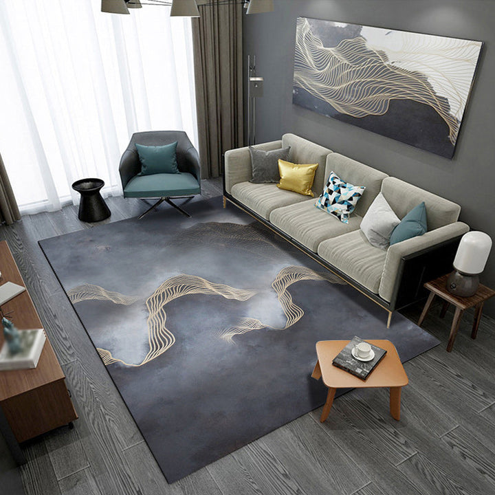 Modern living room rug in black and green with abstract twisted line pattern rug polyester pet-friendly area rug | Bowlift