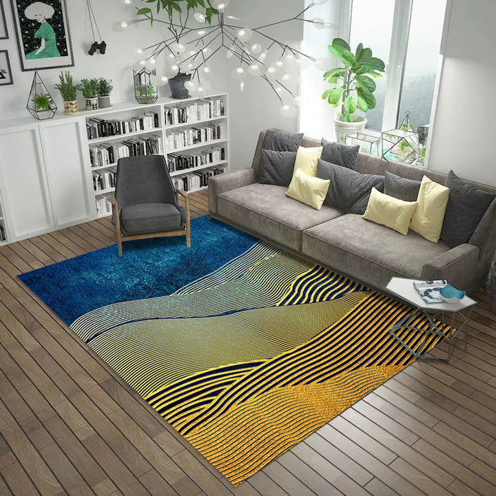 Modern living room rug in black and green with abstract twisted line pattern rug polyester pet-friendly area rug | Bowlift