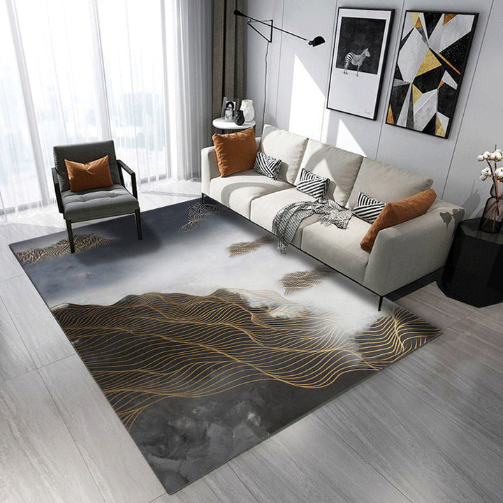 Modern living room rug in black and green with abstract twisted line pattern rug polyester pet-friendly area rug | Bowlift
