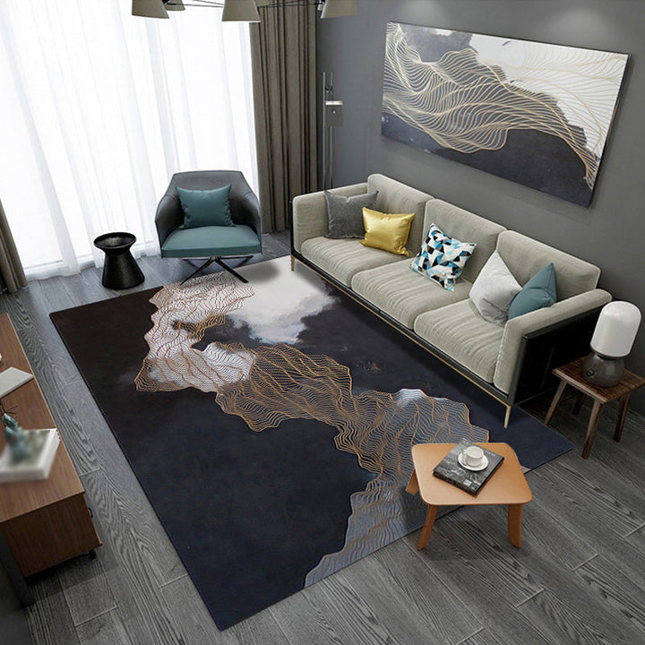 Modern living room rug in black and green with abstract twisted line pattern rug polyester pet-friendly area rug | Bowlift