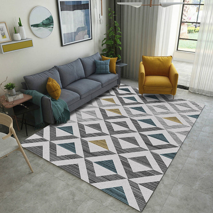 Yellow and black bedroom rug modern geometric triangle square pattern area rug polyester washable rug | Bowlift