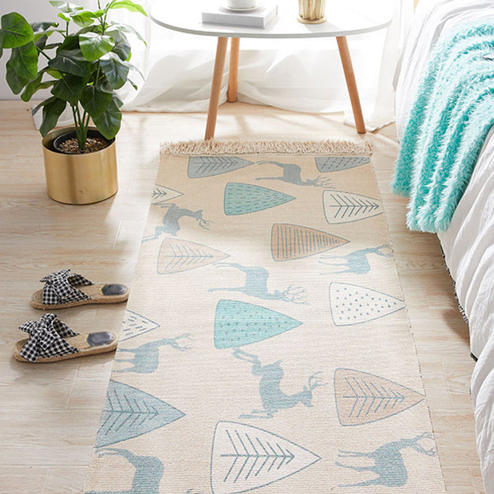 BowLift | Unique Kids Rug in Ivory Animal Deer Tree Pattern Rug Cotton and Linen Washable Fringe Carpet for Children's Room