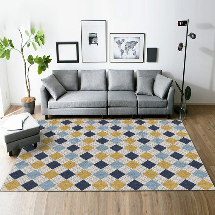Yellow and Brown Bedroom Rug Modern Geometric Square Pattern Rug Polyester Stain Resistant Rug | Bowlift