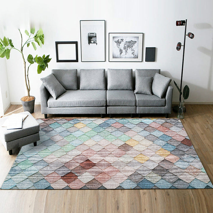 Yellow and Brown Bedroom Rug Modern Geometric Square Pattern Rug Polyester Stain Resistant Rug | Bowlift