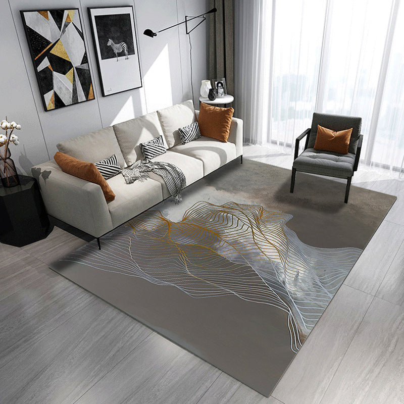 Simple modern rug in gray and brown with abstract curved line pattern rug made of polyester washable rug for home decor | Bowlift