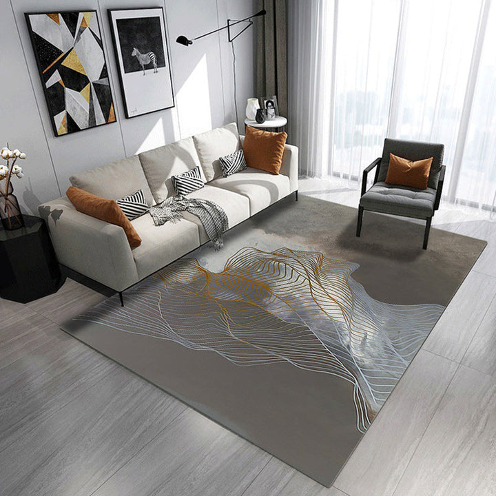 Simple modern rug in gray and brown with abstract curved line pattern rug made of polyester washable rug for home decor | Bowlift