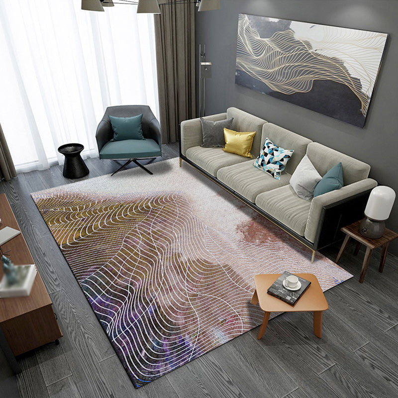 Simple modern rug in gray and brown with abstract curved line pattern rug made of polyester washable rug for home decor | Bowlift
