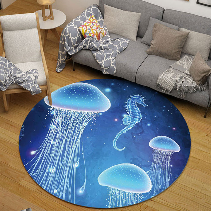 BowLift | Children's room rug in black and blue animal pig rabbit jellyfish print rug polyester stain-resistant rug