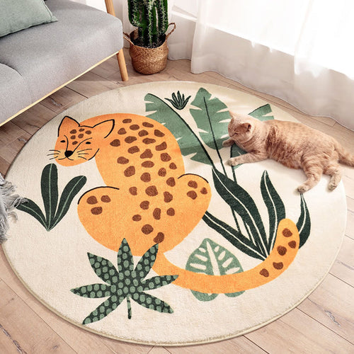 BowLift | Stylish children's rug in green and brown with animal cat, leopard, and rabbit pattern, washable wool rug for the children's room