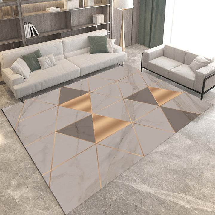Modern living room rug in brown and green color block geometric print rug polyester non-slip backing rug for the area | Bowlift