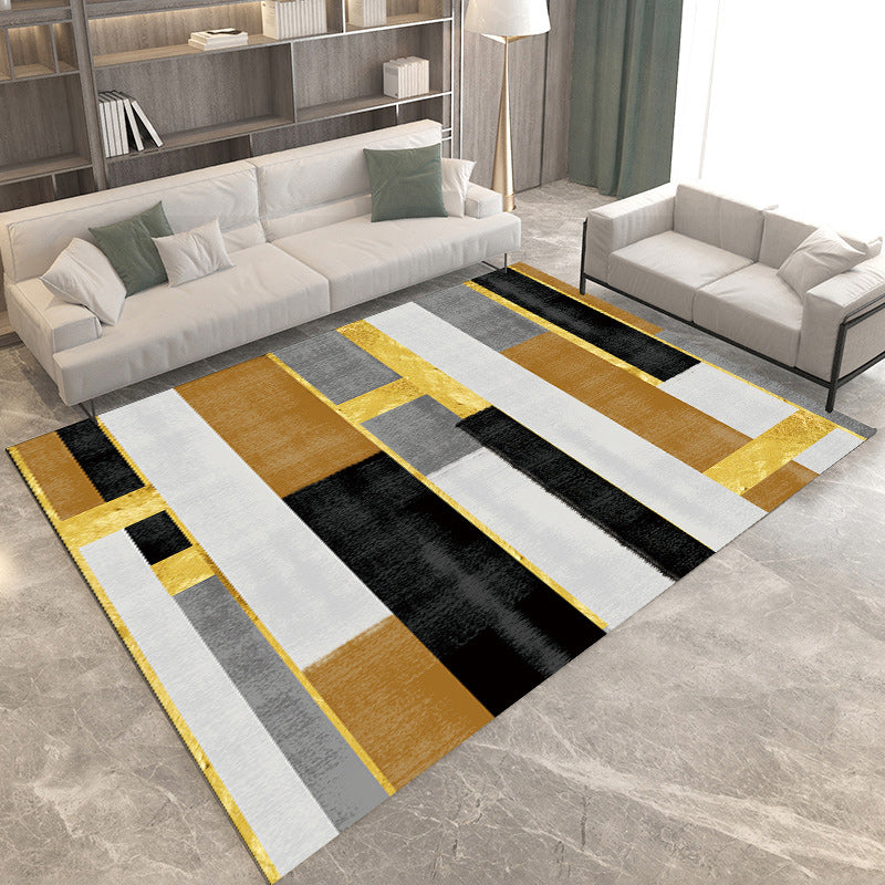 Modern living room rug in brown and green color block geometric print rug polyester non-slip backing rug for the area | Bowlift