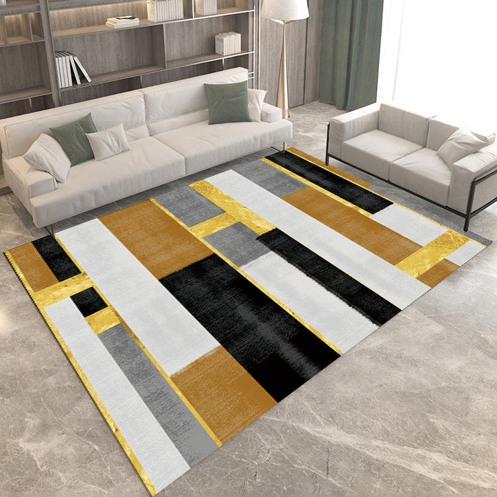 Modern living room rug in brown and green color block geometric print rug polyester non-slip backing rug for the area | Bowlift