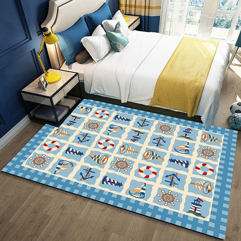 BowLift | Blue Children's Room Carpet Coastal Anchor Rowing Pattern Carpet Polyester Non-Slip Back Carpet