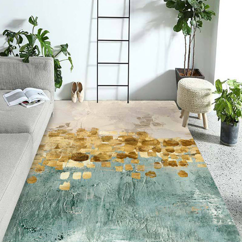 Modern living room rug in gold and blue Abstract twisted lines print rug Polyester pet-friendly rug | Bowlift