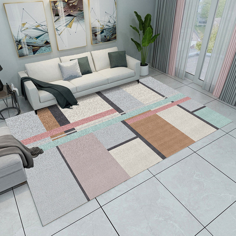 Gray and Yellow Bedroom Rug Modern Color Block Circle Rectangle Pattern Rug Polyester Washable Rug | Bowlift