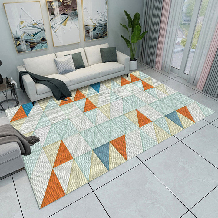 Modern living room rug in blue and gray color block triangle pattern rug polyester machine-supported rug | Bowlift