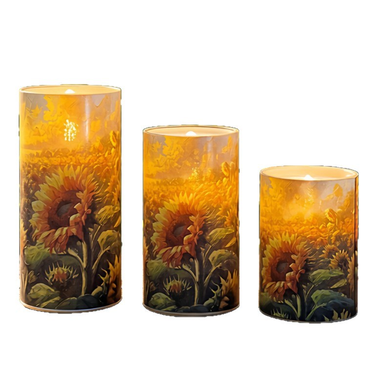 LED Candle Set with Sunflower Design, 3-piece