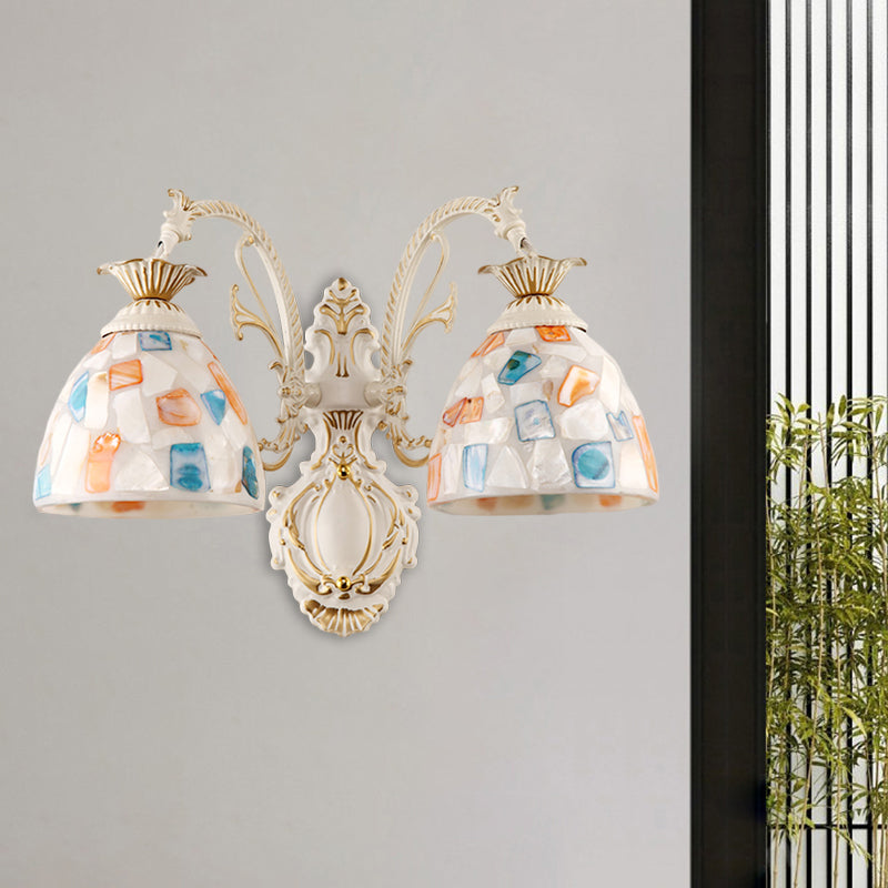 BowLift | 1/2-Light Wall Sconce Baroque Dome Shell Mosaic Pattern Wall Lamp with Curved Arm in White