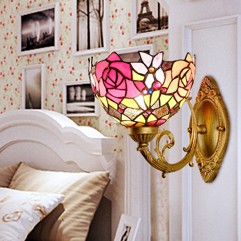 BowLift | Gold 1 Head Wall Lighting Ideas Victorian Engraved Glass Bowl Shade Wall Mount Lighting Fixture with Petal Pattern