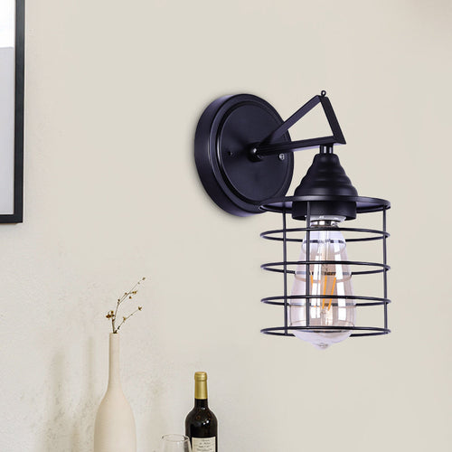 BowLift | Metal Cylindrical Frame Wall Lamp Farm 1 Bulb Dining Room Wall Mounted Light in Black