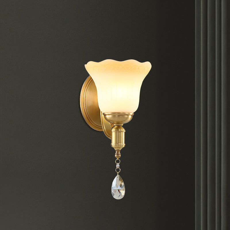 BowLift | Blossom Opaque Glass Wall Lamp Retro Style 1/2-Cup Gold Wall Lighting Ideas with Crystal Drop